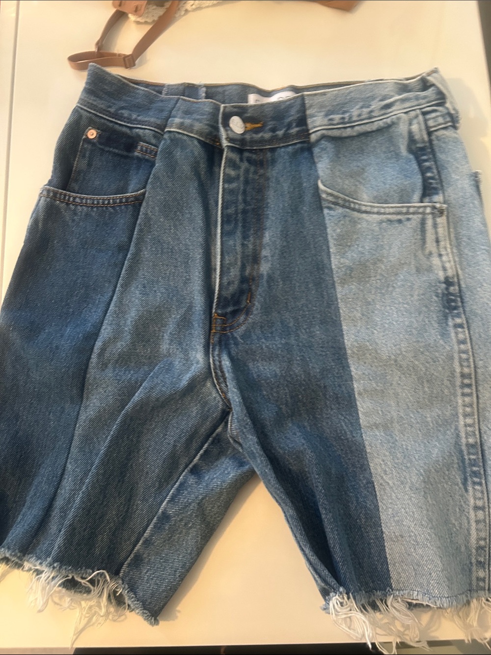Two-Tone Blue Denim Jean Shorts with Frayed Hem